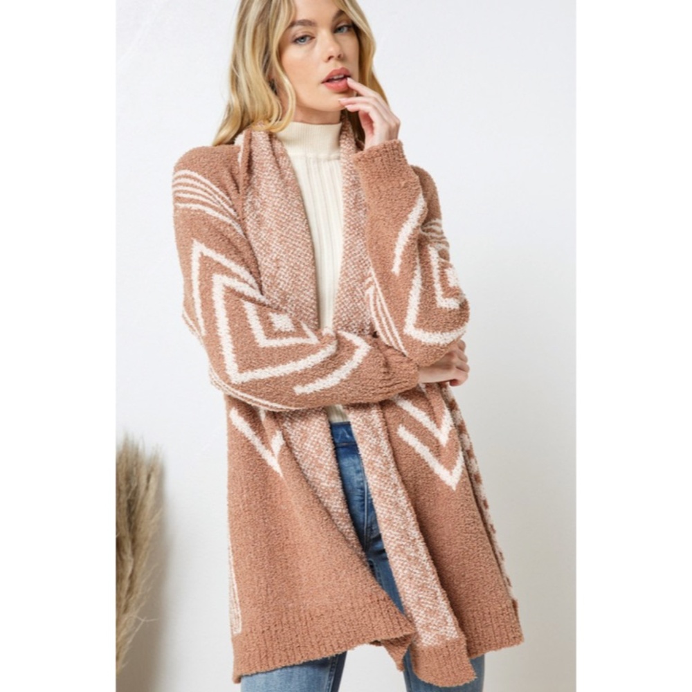 SOLD OUT Cozy Brown Soft Blanket Aztec Boho Tribal Knit Open Cardigan Sweater - Picture 2 of 8